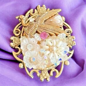 Phoenix Bird Brooch – Pearls, Aurora Borealis Beads, Goldtone, 2 Inches